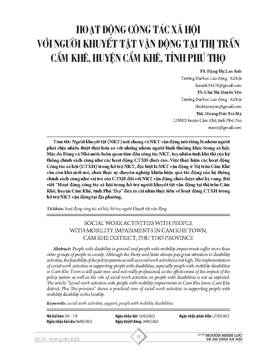 Hoạt động công tác xã hội với người khuyết tật vận động tại thị trấn Cẩm Khê, huyện Cẩm Khê, tỉnh Phú Thọ = Social work activities with people with mobility impairments in Cam Khe town, Cam Khe district, Phu Tho province