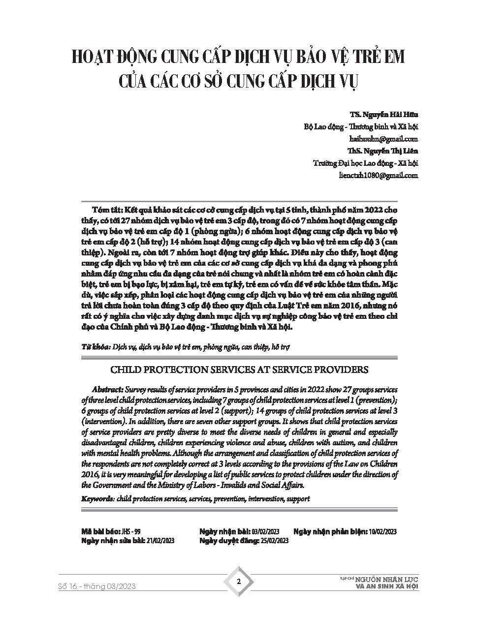 Hoạt động cung cấp dịch vụ bảo vệ trẻ em của các cơ sở cung cấp dịch vụ = Child protection services at service providers