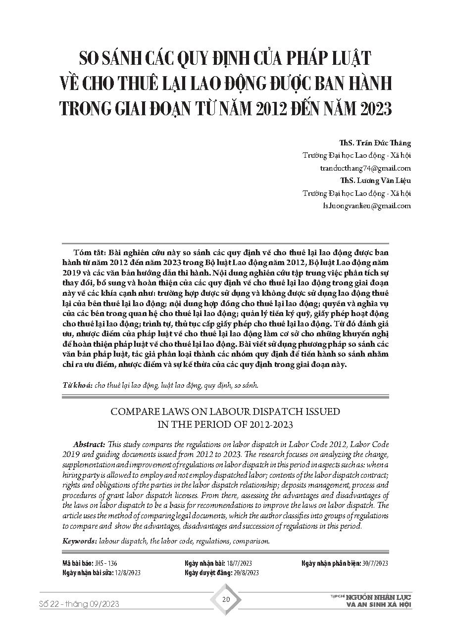 So sánh các quy định của pháp luật về cho thuê lại lao động được ban hành trong giai đoạn từ năm 2012 đến năm 2023 = Compare laws on labour dispatch issued in the period of 2012-2023