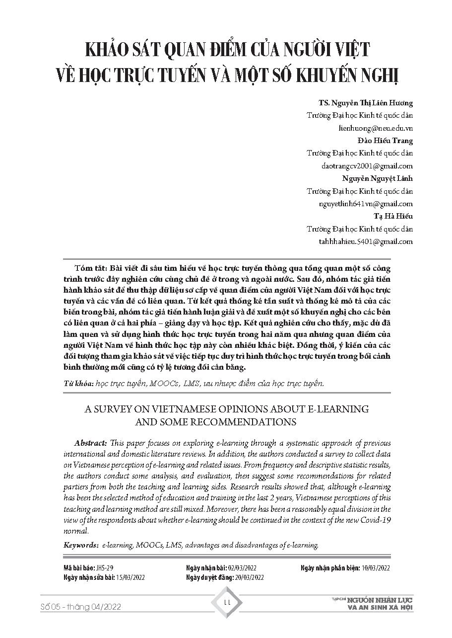 Khảo sát quan điểm của người Việt về học trực tuyến và một số khuyến nghị = A survey on Vietnamese opinions about e-learning and some recommendations