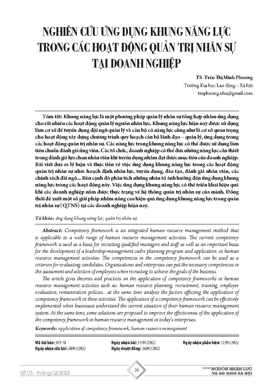 Nghiên cứu ứng dụng khung năng lực trong các hoạt động quản trị nhân sự tại doanh nghiệp = Research on application of competency framework in human resource management activities at enterprises