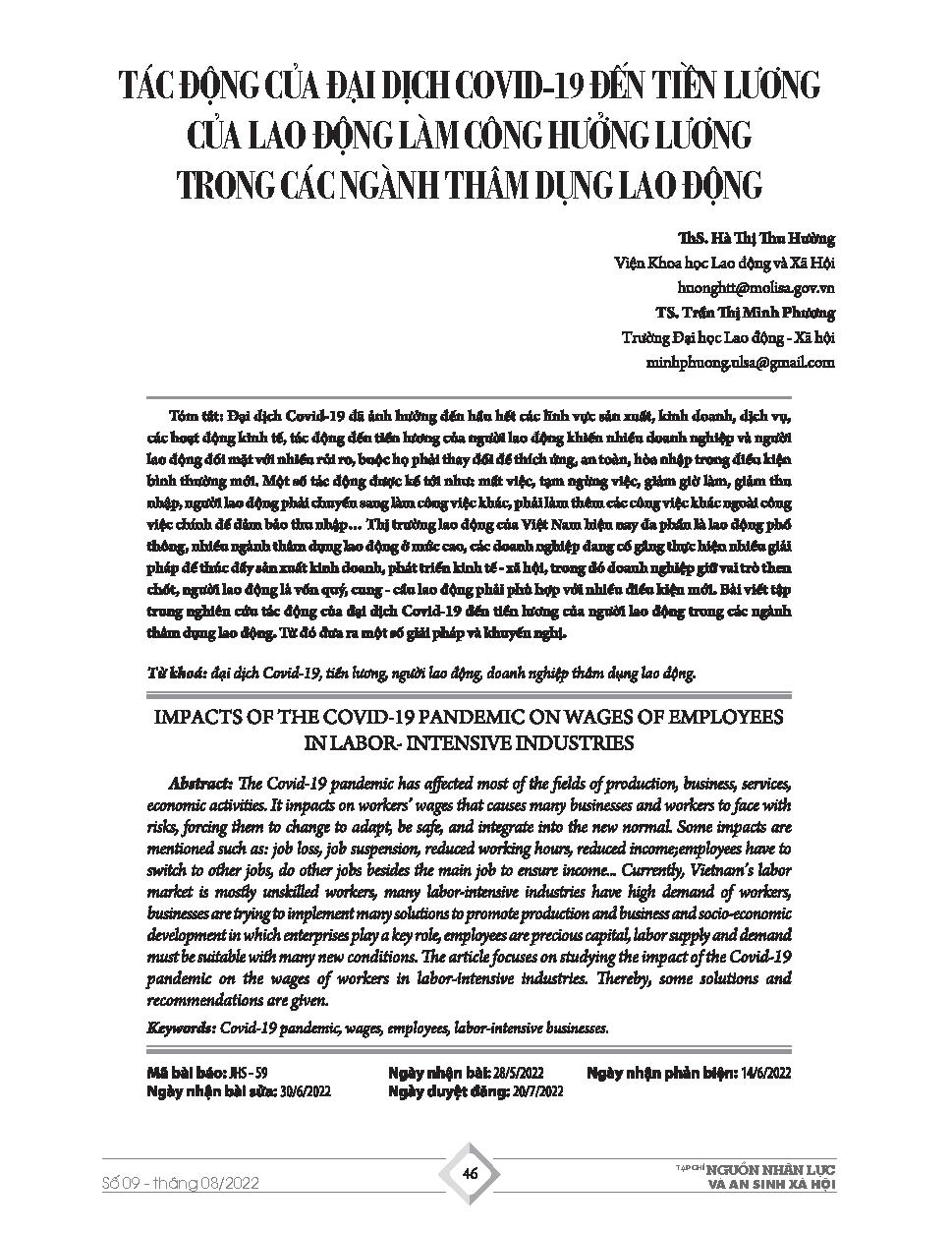 Tác động của đại dịch Covid-19 đến tiền lương của lao động làm công hưởng lương trong các ngành thâm dụng lao động = Impacts of the Covid-19 pandemic on wages of employees in labor-intensive industries