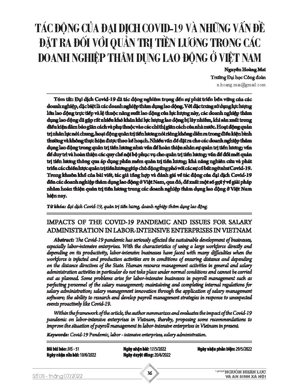 Tác động của đại dịch Covid-19 và những vấn đề đặt ra đối với quản trị tiền lương trong các doanh nghiệp thâm dụng lao động ở Việt Nam = Impacts of the Covid-19 pandemic and issues for salary administration in labor-intensive enterprises in Vietnam
