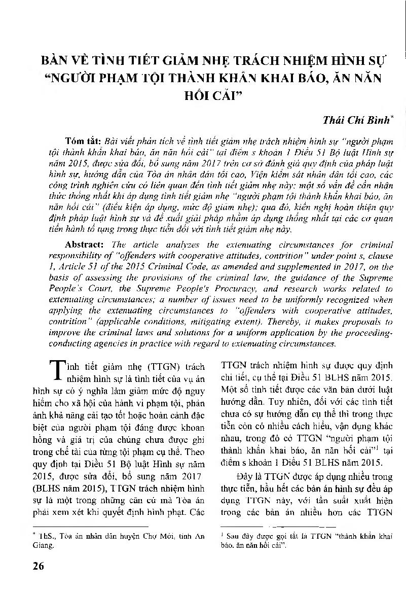 Bàn về tình tiết giảm nhẹ trách nhiệm hình sự ‘ người phạm tội thành khẩn khai báo, ăn năn hối cải” = Discussion on Extenuating Circumstances for the Criminal Responsibility of “Offenders with Cooperative Attitudes, Contrition”