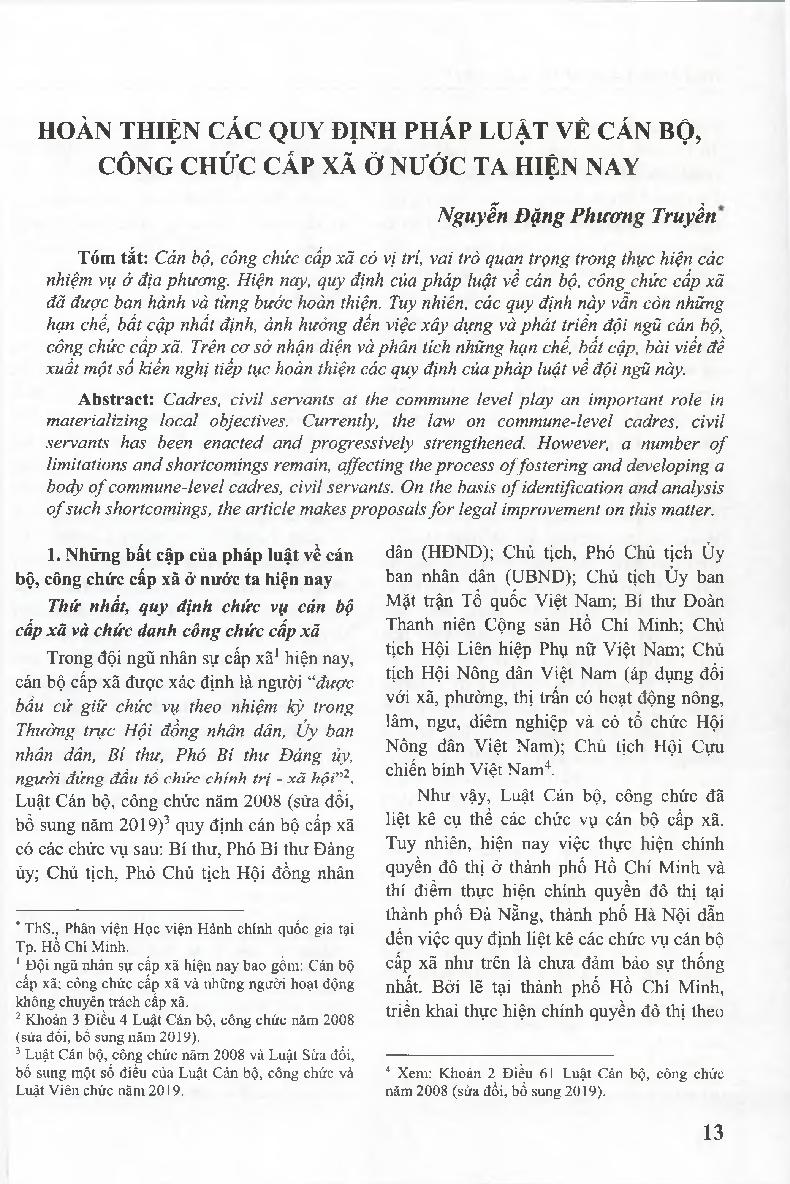 Hoàn thiện các quy định pháp luật về cán bộ, công chức cấp xã ở nước ta hiện nay = Perfect the Law on Cadres, Civil Servants at the Commune Level in Viet Nam today
