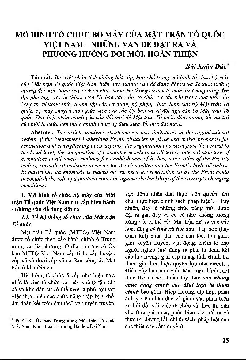 Mô hình tổ chức bộ máy của mặt trận tổ quốc Việt Nam - những vấn đề đặt ra và phương hướng đổi mới, hoàn thiện = Organizational System of the Vietnamese Fatherland Front - Issues and Orientation for renovation and Strengthening