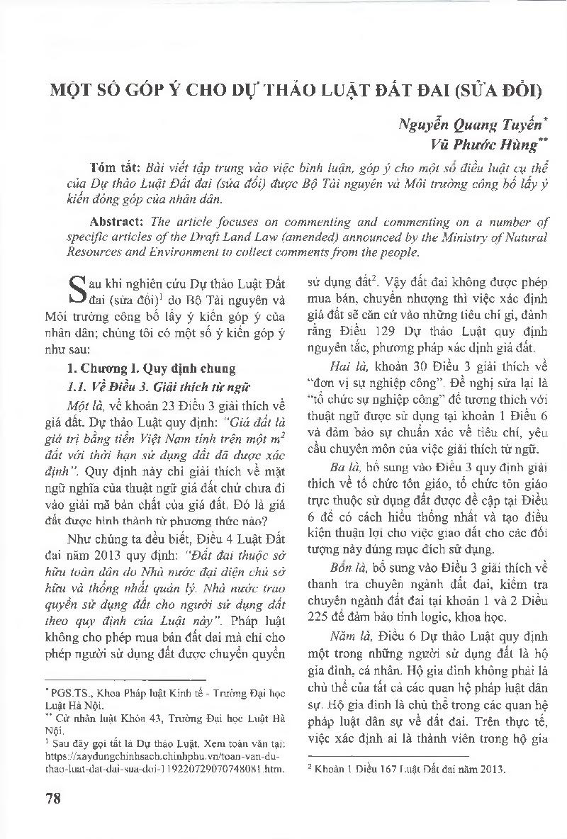 Một số góp ý cho Dự thảo Luật Đất đai (sửa đổi) = Suggestions for the Draft Revised Land Law