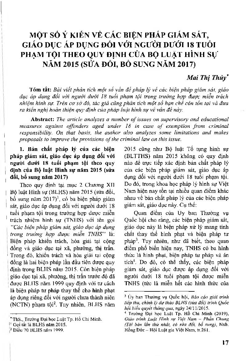 Một số ý kiến về các biện pháp giám sát, giáo dục áp dụng đối với người dưới 18 tuổi phạm tội theo quy định của Bộ luật Hình sự năm 2015 (sửa đổi, bô sung năm 2017) = Discussion on Supervisory and Educational Measures Applicable to Offenders under 18 Year