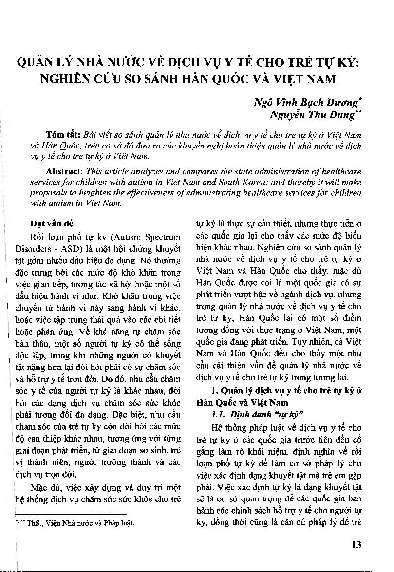 Quản lý nhà nước về dịch vụ y tế cho trẻ tự kỷ: nghiên cứu so sánh Hàn Quốc và Việt Nam = State Administration of Healthcare Services for Children with Autism: A Comparative Study of South Korea and Vietnam