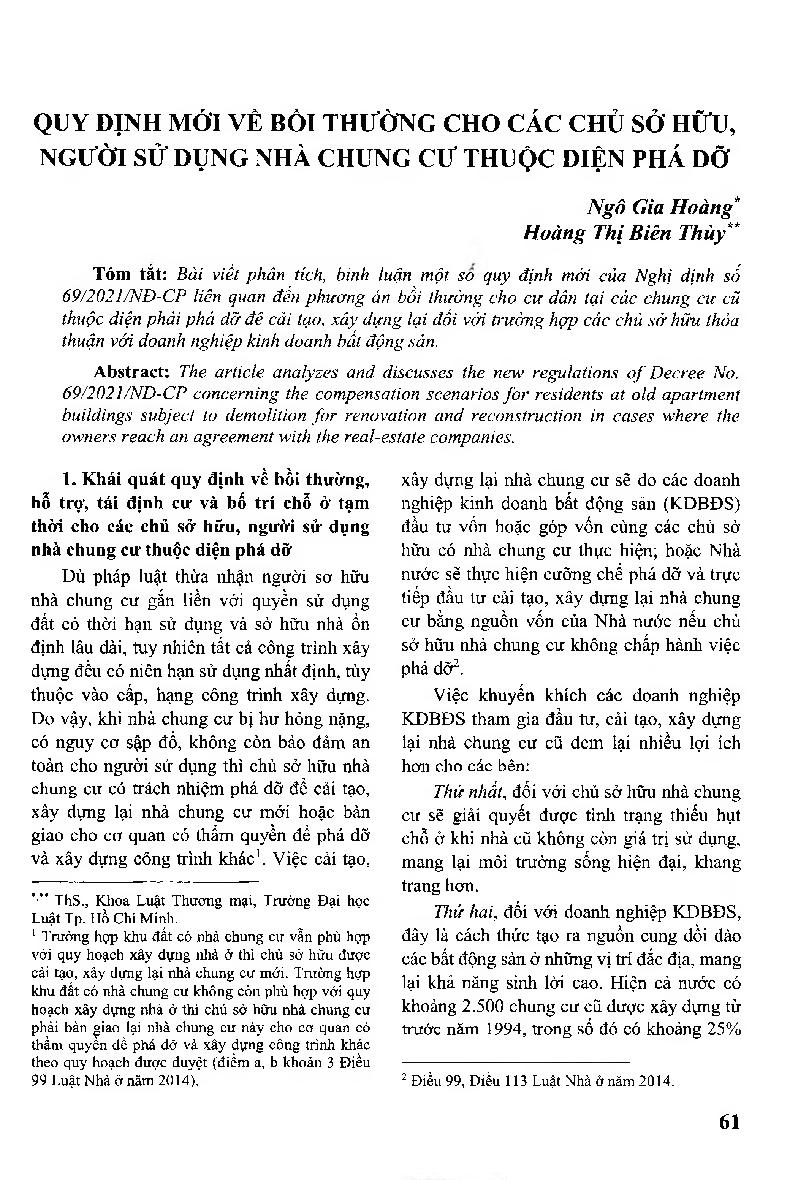 Quy định mới về bồi thường cho các chủ sở hữu, người sử dụng nhà chung cư thuộc diện phá dỡ = The New Laws on Compensation for the Owners, Users of the Apartments Subject to Demolition