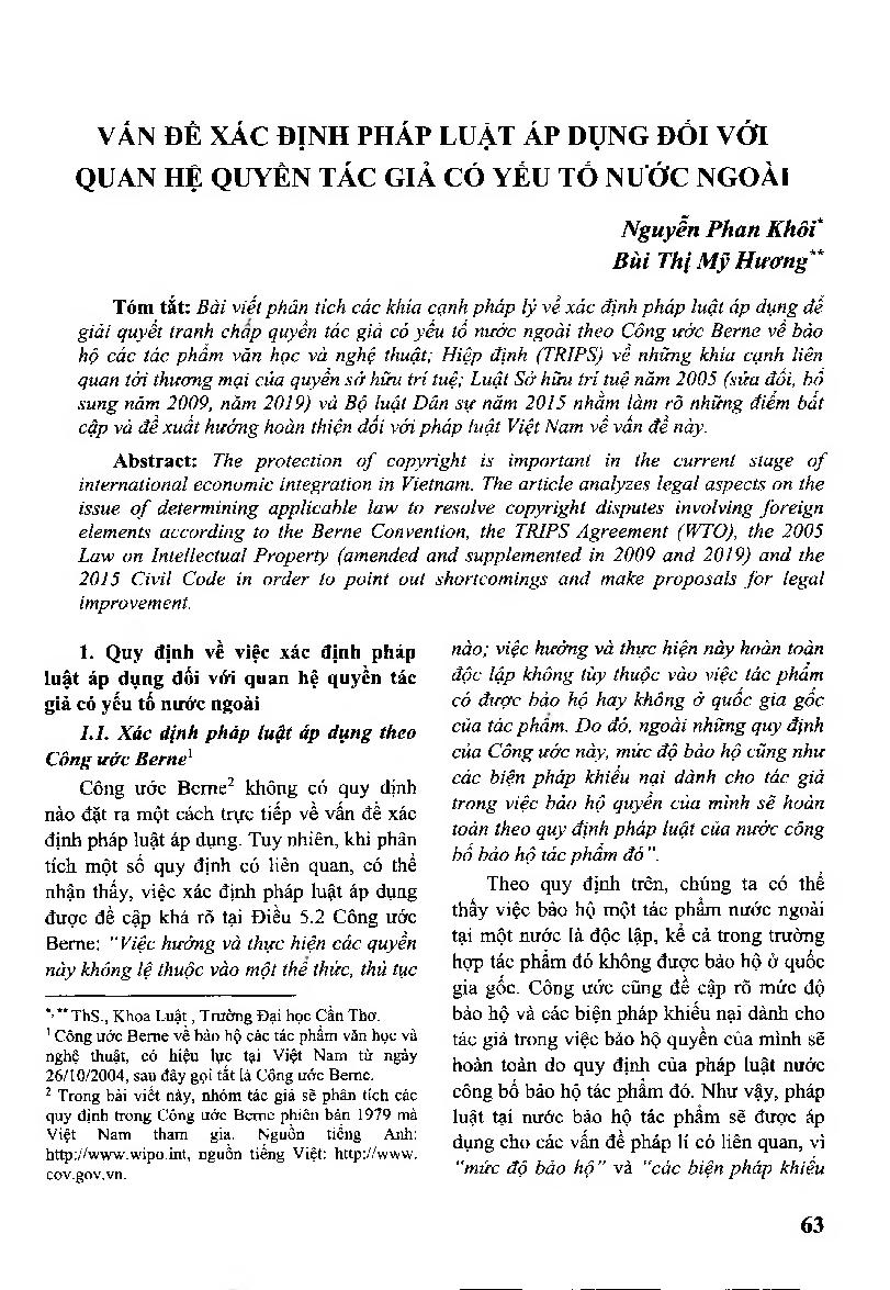 Vấn đề xác định pháp luật áp dụng đối với quan hệ quyền tác giả có yếu tố nước ngoà = Determination of applicable Law on Copyright with Foreign Elements
