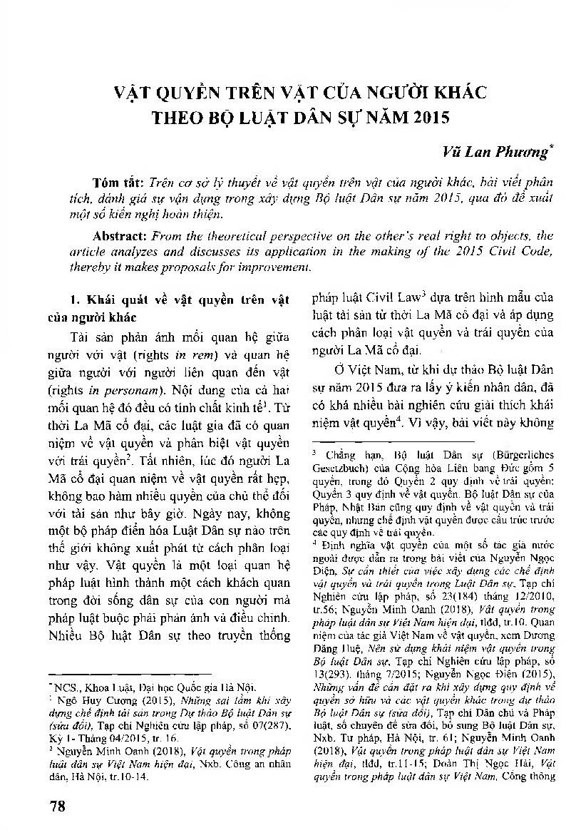 Vật quyền trên vặt của người khác theo bộ luật dân sự năm 2015 = The Other’s Real Right to Objects under the 2015 Civil Code