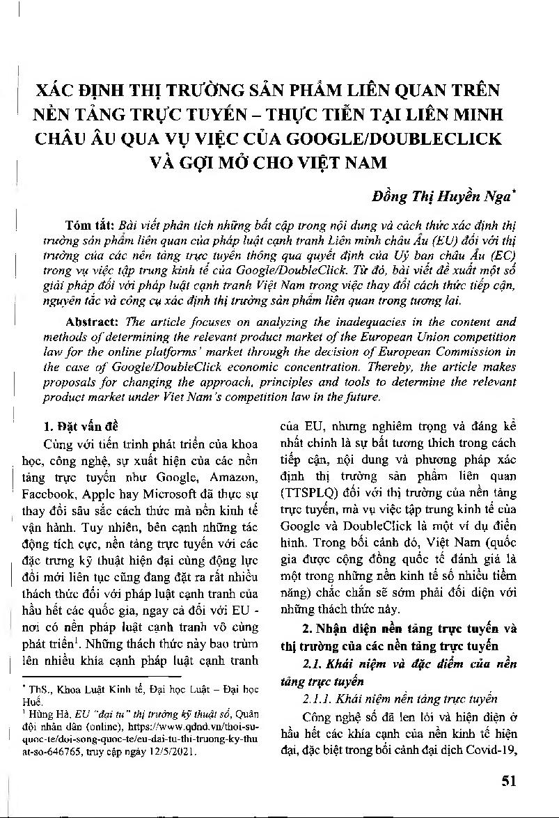Xác định thị trường sản phẩm liên quan trên nền tảng trực tuyến - thực tiễn tại liên minh châu âu qua vụ việc của google/doubleclick và gợi mở cho Việt Nam = Determination of Relevant Product Market in Cyberspace: Practice of the European Union in the Cas