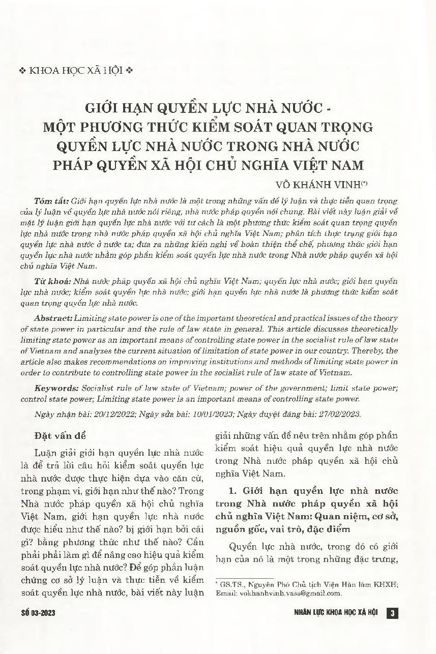Giới hạn quyền lực nhà nước - một phương thức kiểm soát quan trọng quyền lực nhà nước trong nhà nước pháp quyền xã hội chủ nghĩa Việt Nam = Limitations of state power – an important method of control of state power in the socialist social state of Vietnam