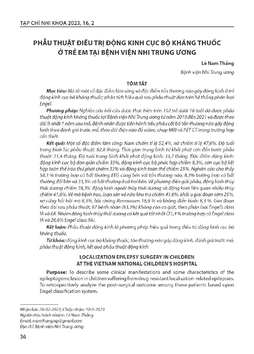 Phẫu thuật điều trị động kinh cục bộ kháng thuốc ở trẻ em tại Bệnh viện Nhi trung ương = Localization epilepsy surgery in children atthe Vietnam National Children's hospital