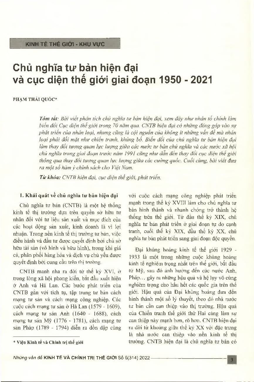 Chủ nghĩa tư bản hiện đại và cục diện thế giới giai đoạn 1950 - 2021 = Modern capitalism and the world situation in period 1950 - 2021