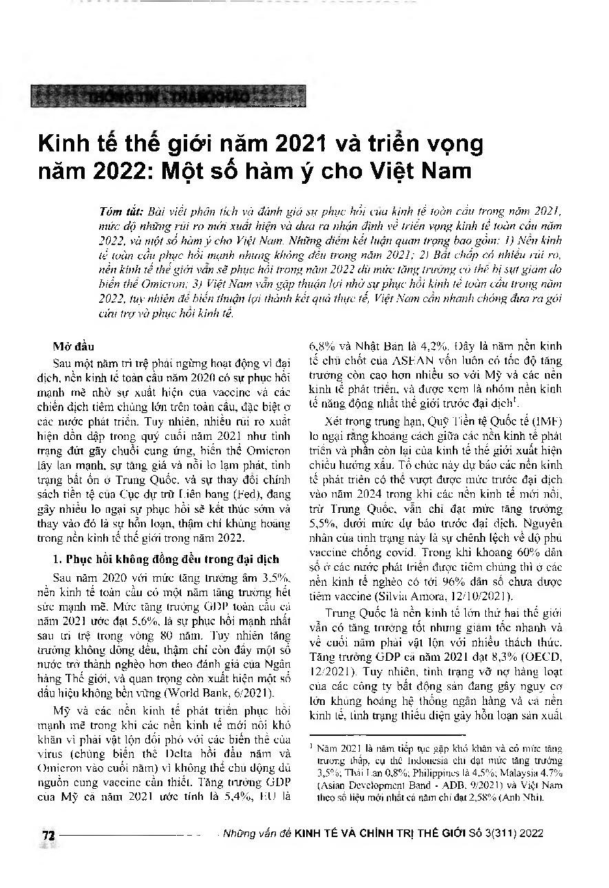 Kinh tế thế giới năm 2021 và triển vọng năm 2022: Một số hàm ý cho Việt Nam = Global economy in 2021 and its perspectives in 2022: Some implications for Viet Nam