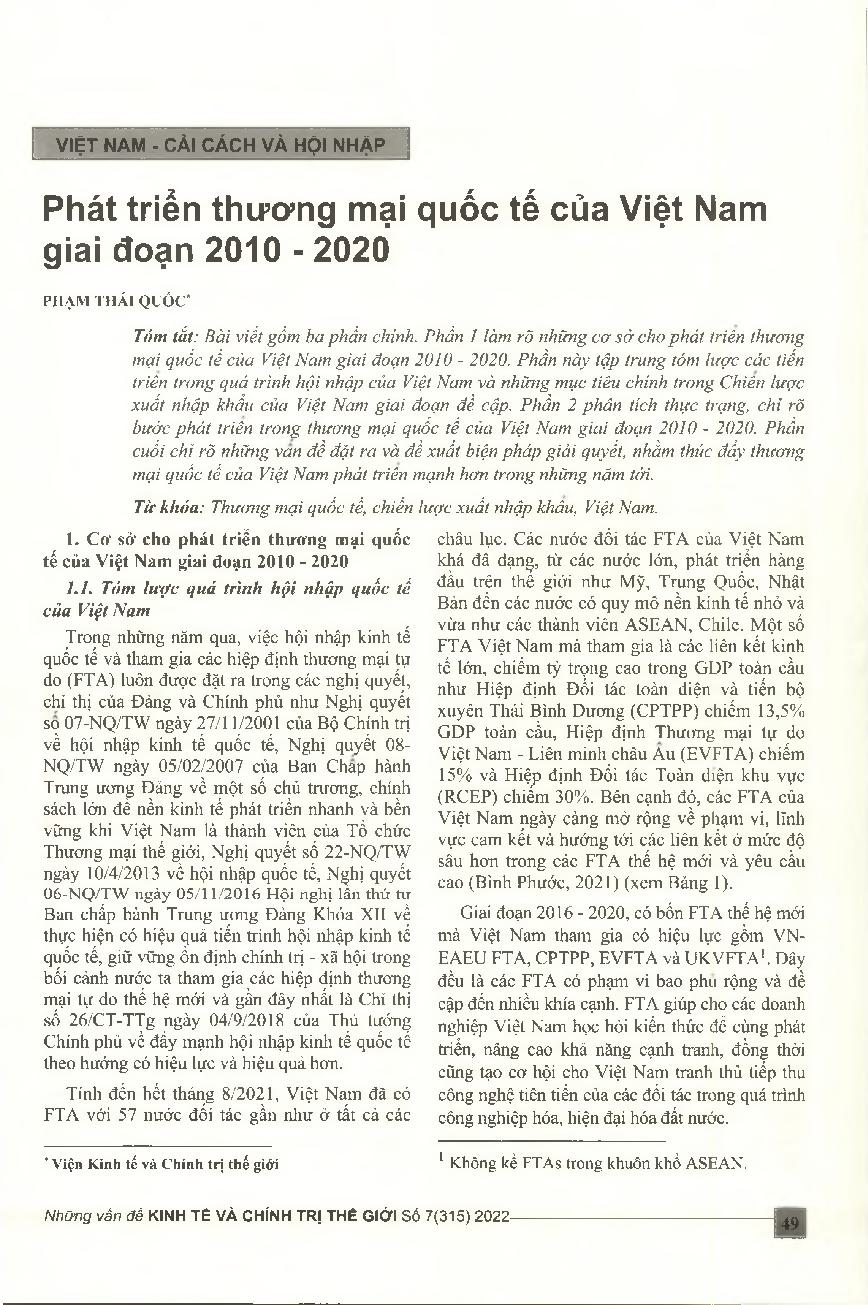 Phát triển thương mại quốc tế của Việt Nam giai đoạn 2010 - 2020 = Vietnam’s international trade in period 2010 - 2020