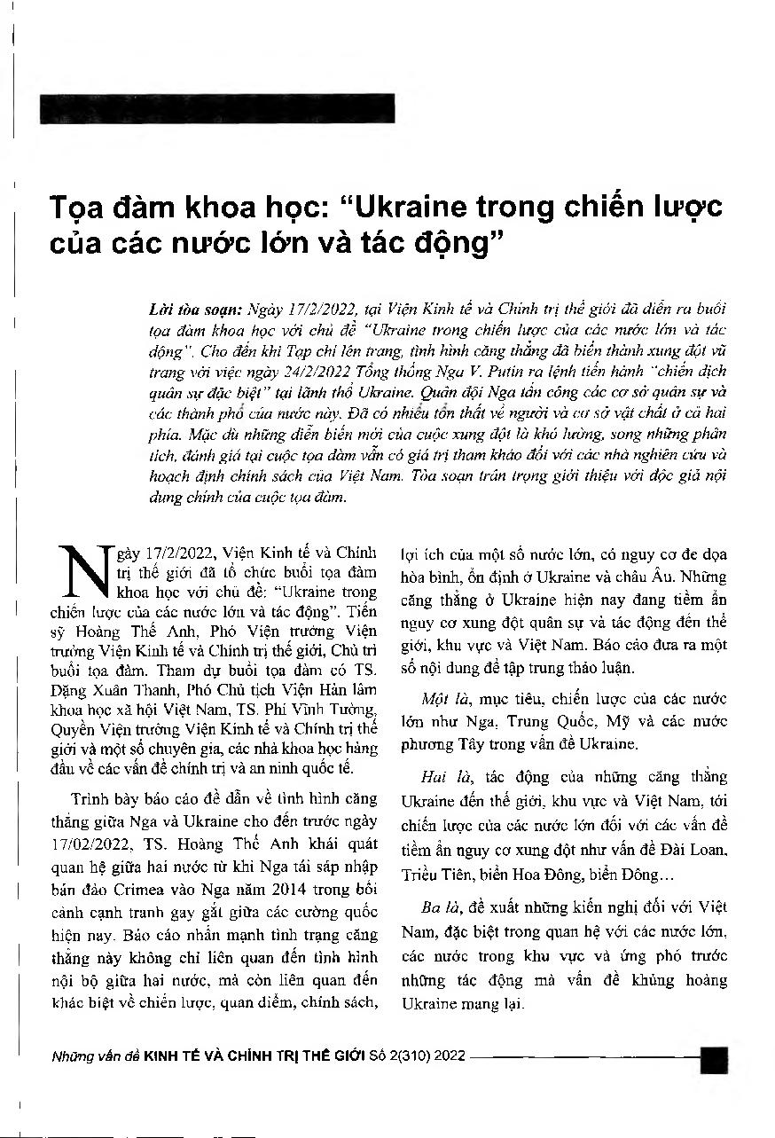 Tọa đàm khoa học: “Ukraine trong chiến lược của các nước lớn và tác động” = Round table workshop “Ukraine in strategies of superpowers and impacts"