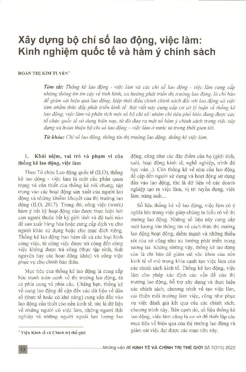 Xây dựng bộ chỉ sô lao động, việc làm: Kinh nghiệm quốc tế và hàm ý chính sách = Building a set of labor-employment indicators: International experience and policy implication for Vietnam