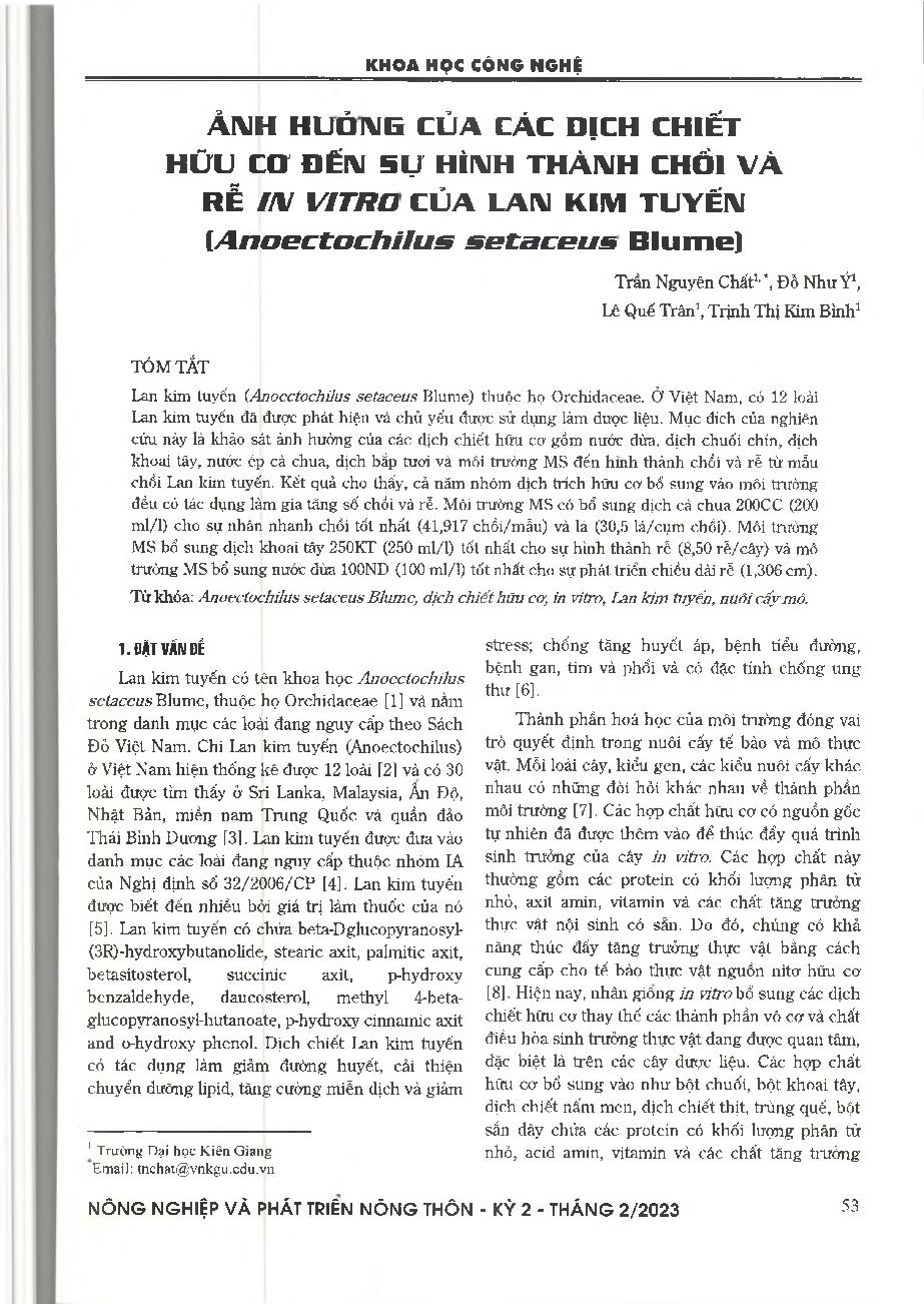 Ảnh hưởng của các dịch chiết hữu cơ đến sự hình thành chồi và rễ in vitro của Lan kim tuyến (Anoectochilus setaceus Blume) = Effects of organic extracts on in vitro shoots and roots induction of Anoectochilus setaceus Blume
