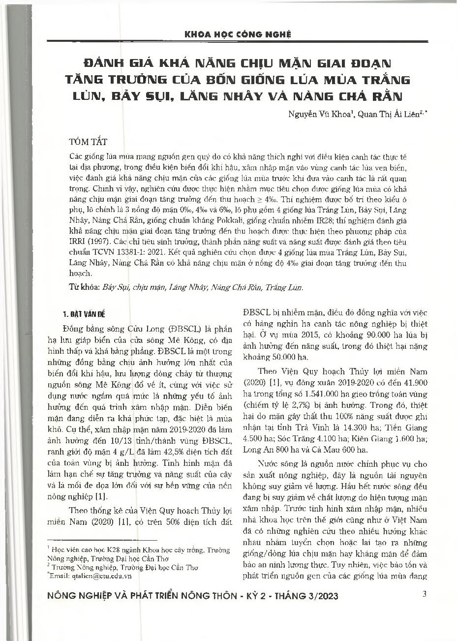 Đánh giá khả năng chịu mặn giai đoạn tăng trưởng của bốn giống lúa mùa Trắng Lùn, Bảy Sụi, Lăng Nhây và Nàng Chá Rằn = Evaluation of salt tolerance at the growth stage of four traditional rice varieties Trang Lun, Bay Sui, Lang Nhay and Nang Cha Ran