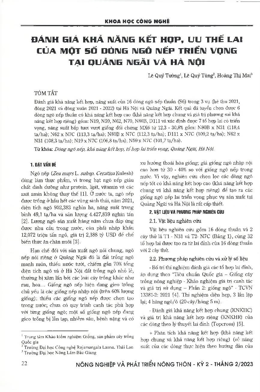 Đánh giá khả năng kết hợp, ưu thế lai của một số dòng ngô nếp triển vọng tại Quảng Ngãi và Hà Nội = Combining ability and hybrid vigour evaluation of some promising waxy corn lines in Quang Ngai and Ha Noi