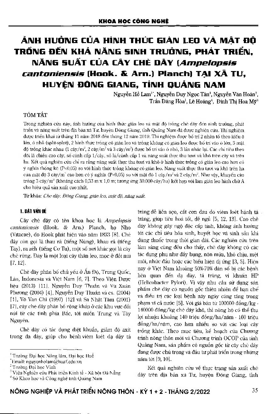 Ảnh hưởng của hình thức giàn leo và mật độ trồng đến khả năng sinh trưởng, phát triển, năng suất của cây chè dây (Ampelopsis cantaniensis (Hook. & Arn.) Planch) tại xã Tư, huyện Đông Giang, tỉnh Quảng Nam = Effects of climbing truss patterns and planting 