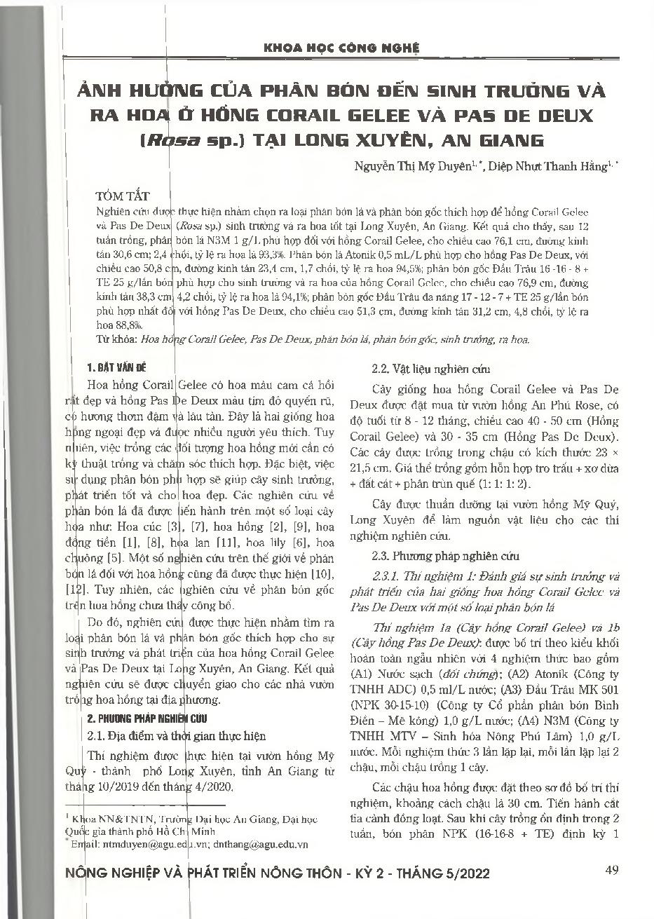 Ảnh hưởng của phân bón đến sinh trưởng và ra hoa ở hồng Corail Gelee và Pas De Deux (Rosa sp.) tại Long Xuyên, An Giang = Effect of fertilizers on growth and flowering of Corail Gelee and Pas De Deux rose (Rosa sp.) in Long Xuyen, An Giang