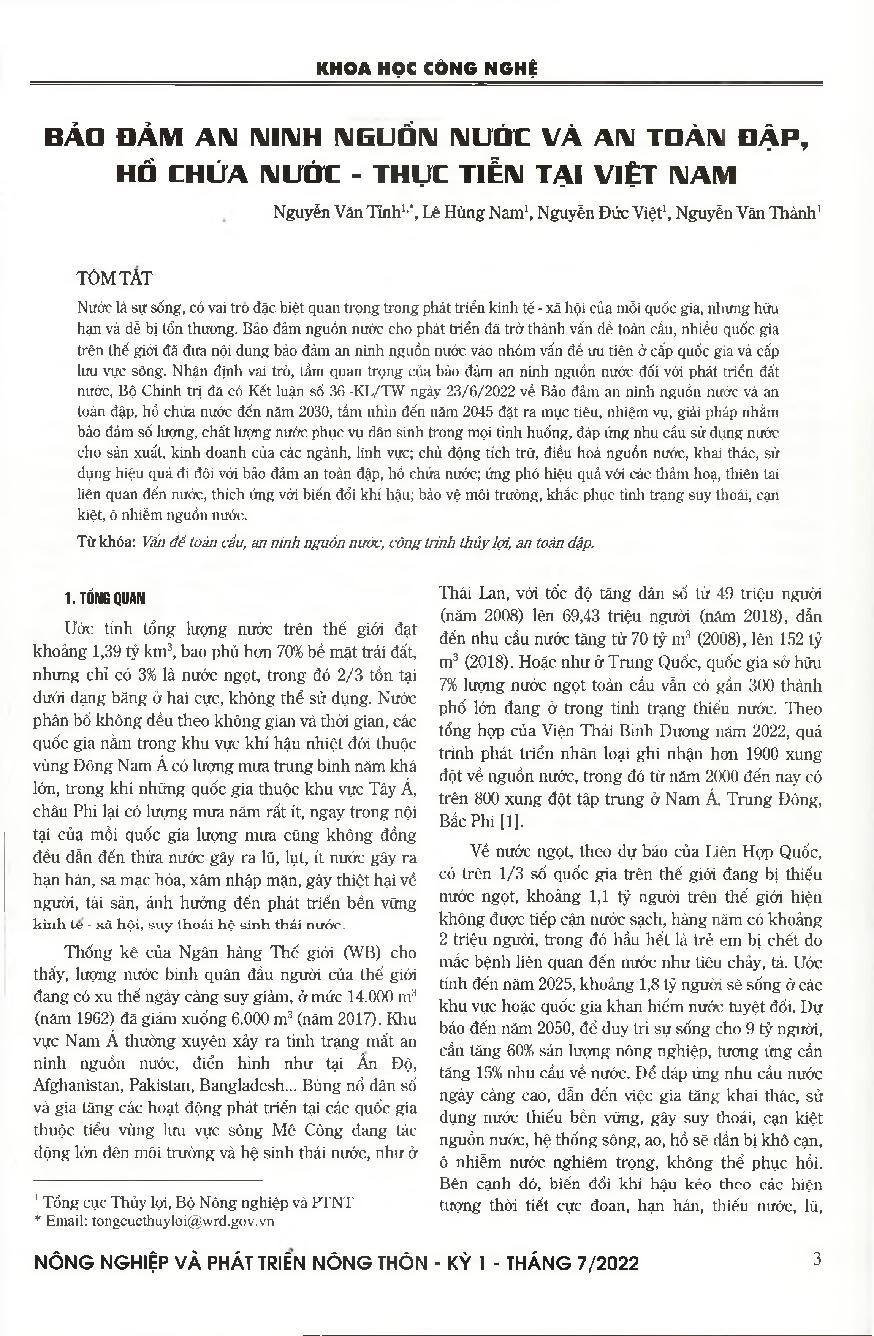 Bảo đảm an ninh nguồn nước và an toàn đập, hồ chứa nước – Thực tiễn tại Việt Nam = Ensuring water source security and safety of dams, reservoirs - reality in Vietnam