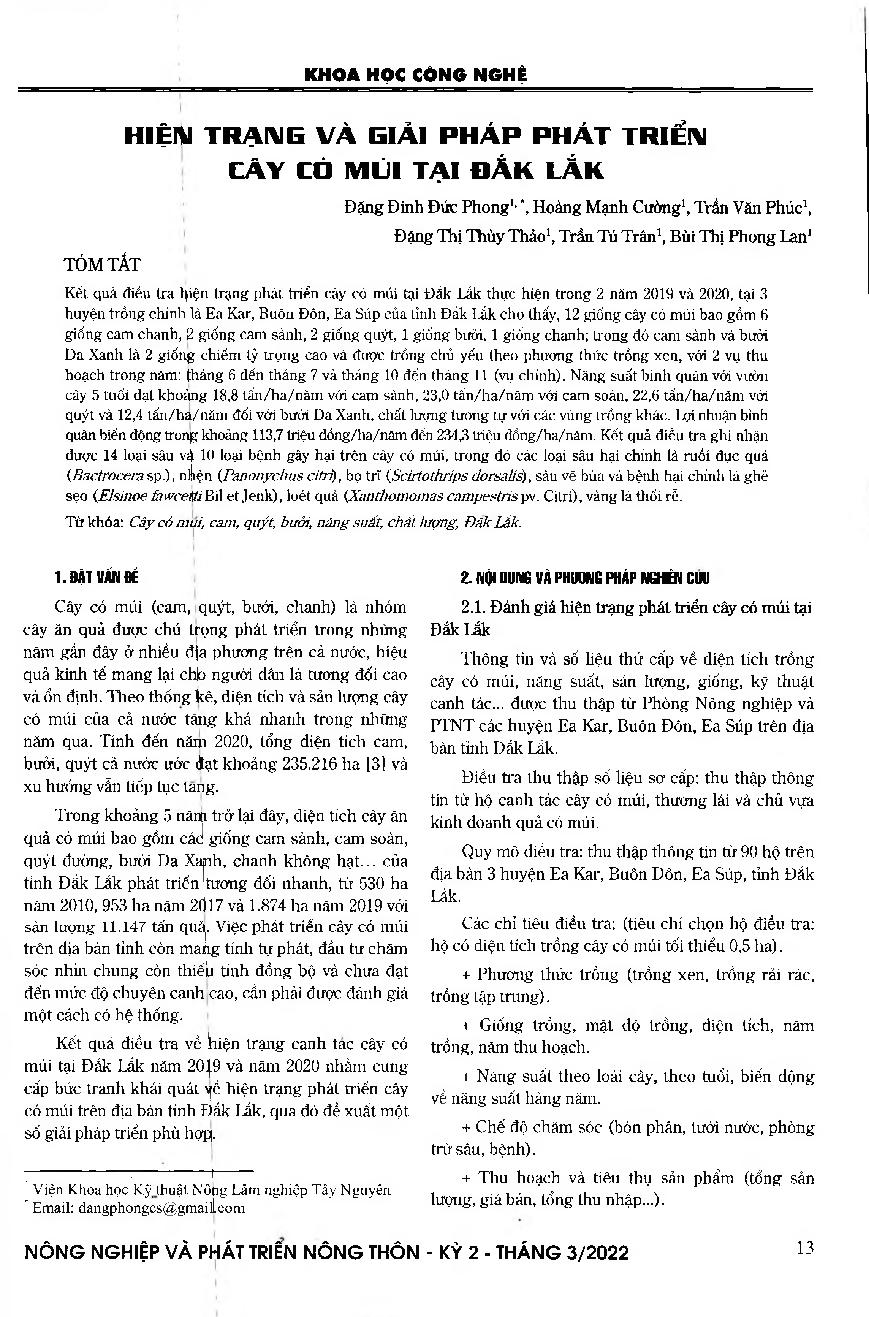 Hiện trạng và giải pháp phát triển cây có múi tại Đắk Lắk = The current situation of citrus production in Dak Lak province and main solutionsto be oriented