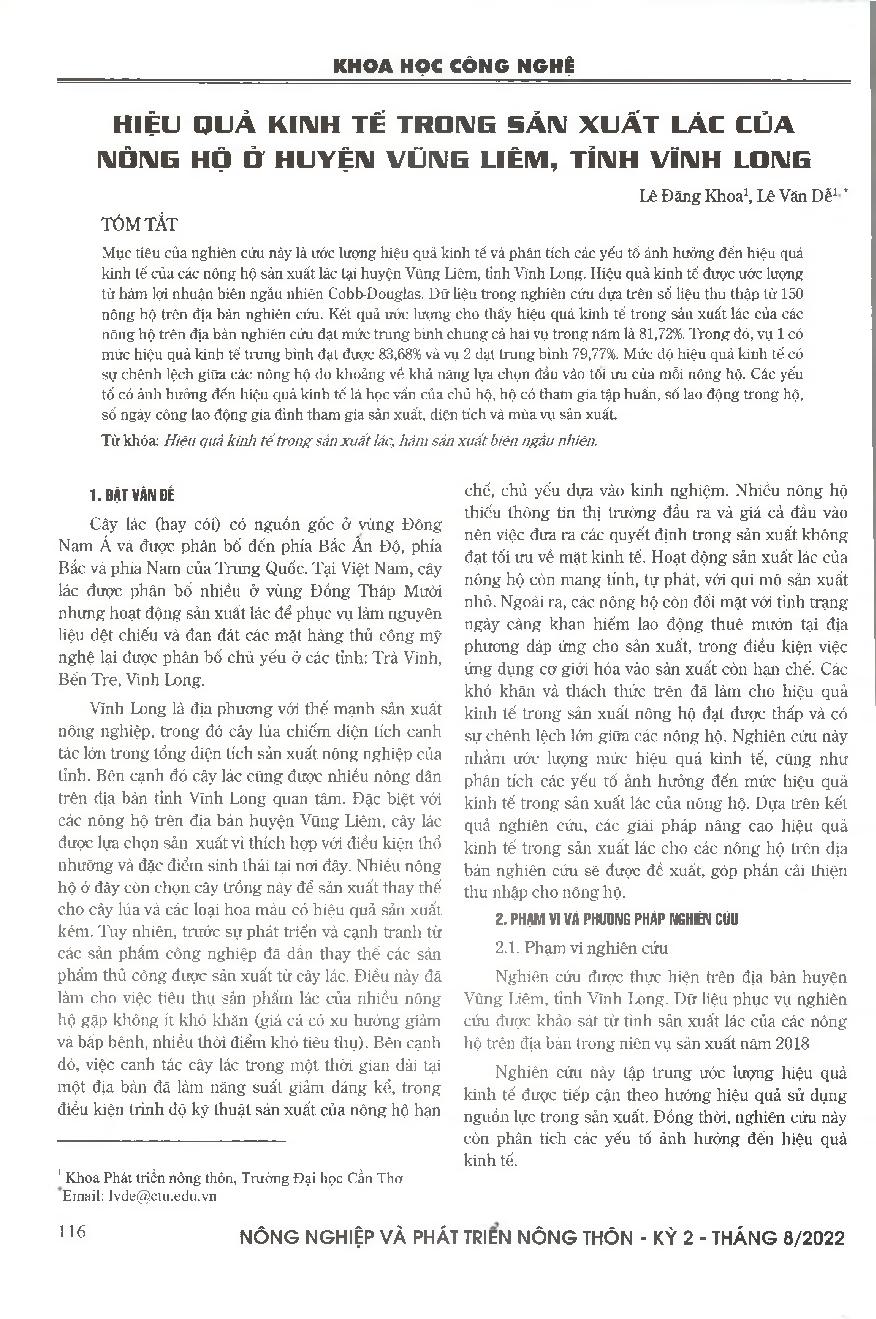 Hiệu quả kinh tế trong sản xuất lác của nông hộ ở huyện Vũng Liêm, tỉnh Vĩnh Long = Economic eficiency in sedge production in Vung Liem district, Vinh Long province