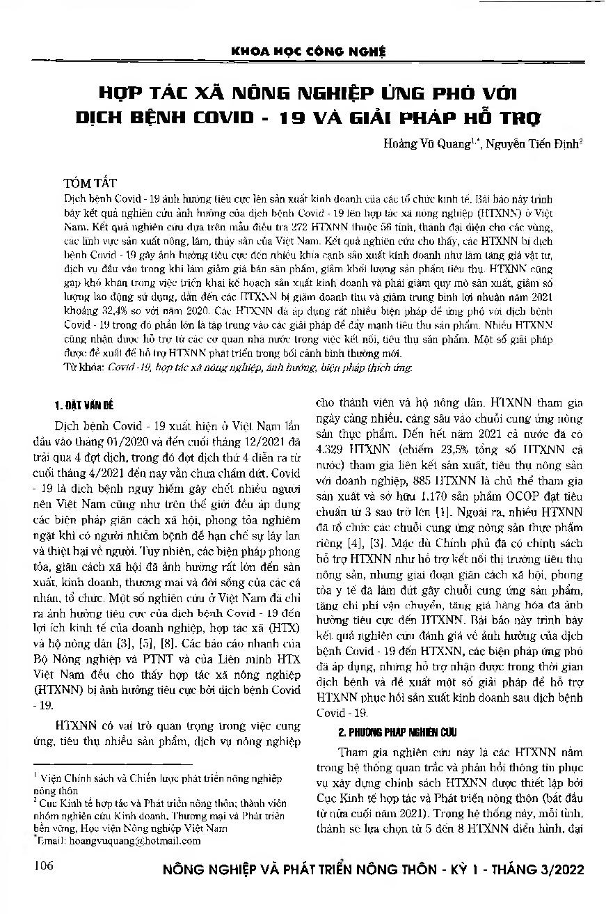 Hợp tác xã nông nghiệp ứng phó với dịch bệnh Covid - 19 và giải pháp hỗ trợ = Response of the agricultural cooperatives to Covid -19 pandemic and supporting solution