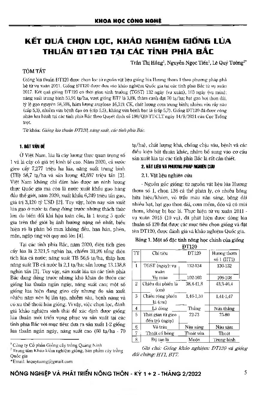 Kết quả chọn lọc, khảo nghiệm giống lúa thuần ĐT120 tại các tỉnh phía Bắc = Research on selection and testing of pure rice variety DT120 in the Northern provinces