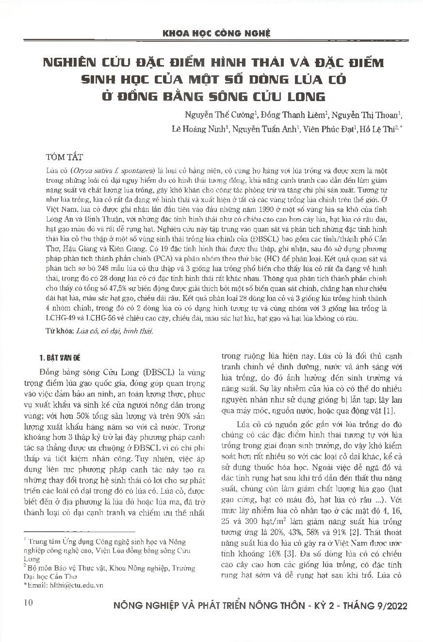 Nghiên cứu đặc điểm hình thái và đặc điểm sinh học của một số dòng lúa cỏ ở đồng bằng sông Cửu Long = Study on morphological and biology characteristics of weedy rice in the Mekong delta