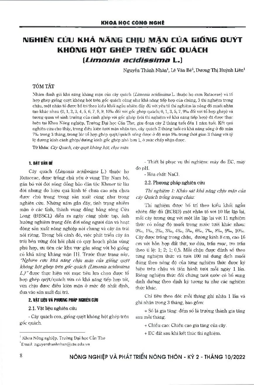 Nghiên cứu khả năng chịu mặn của giống quýt không hột ghép trên gốc quách (Limonia acidissima L.) = A study on salt tolerance of seedless mandarin cultivar grafted on “quach” tree (Limonia acidissima L .)