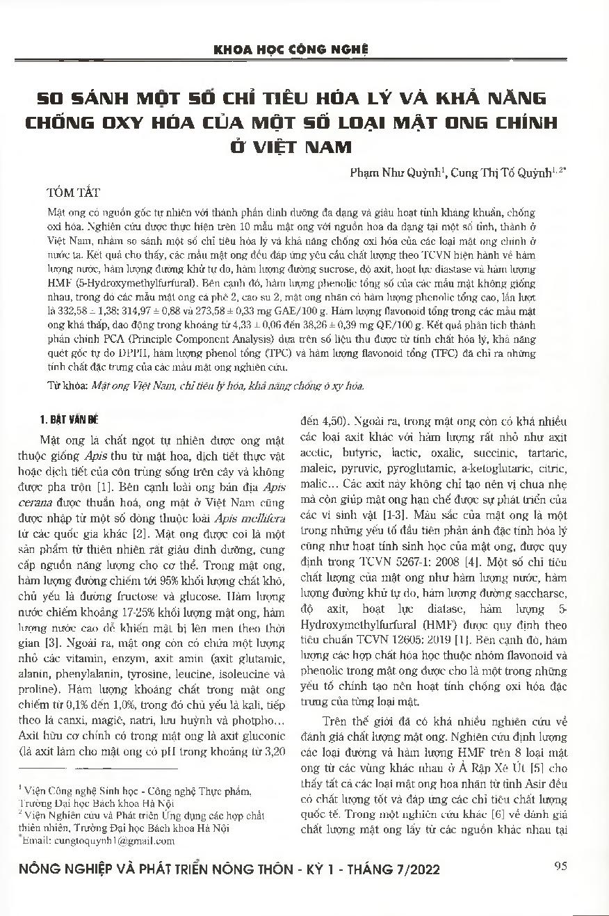 So sánh một số chỉ tiêu hoá lý và khả năng chống ôxy hoá của một số loại mật ong chính ở Việt Nam = Comparison of characteristic physicochemical parameters and antioxidant properties of some main kinds of honey in Vietnam
