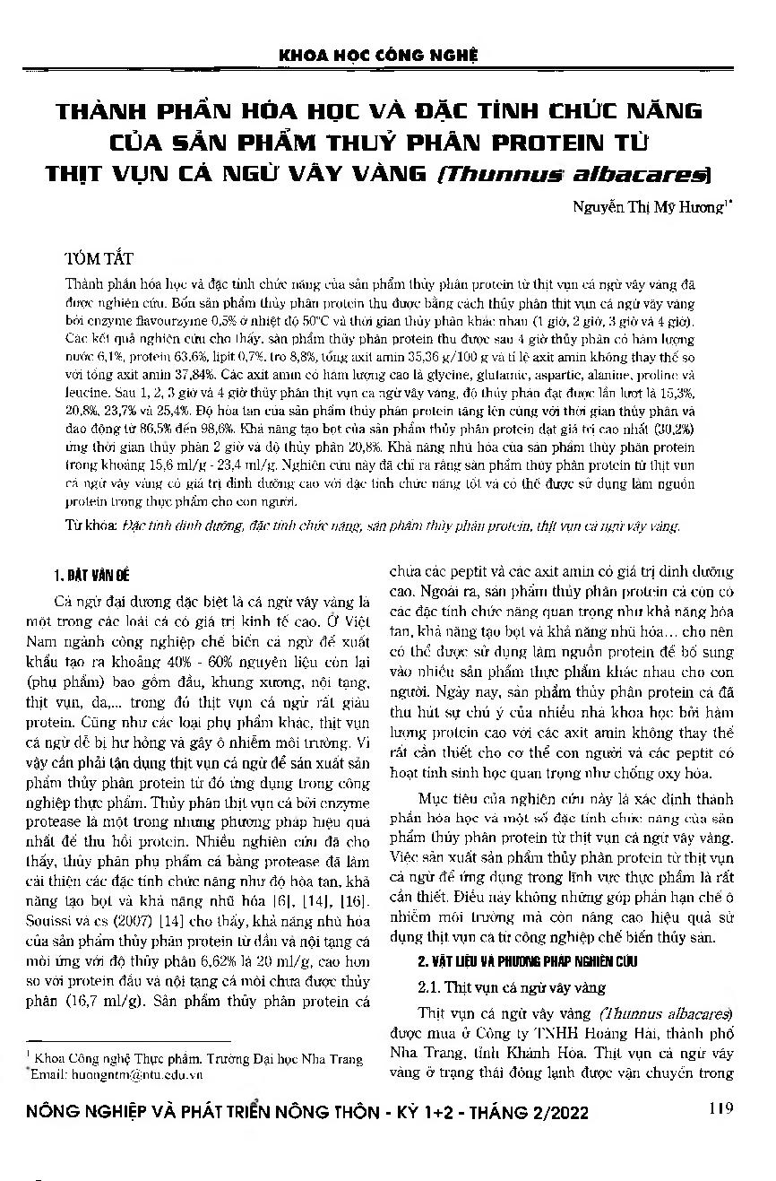Thành phần hóa học và đặc tính chức năng của sản phẩm thuỷ phân protein từ thịt vụn cá ngừ vây vàng (Thunnus albacare) = Chemical composition and functional properties of protein hydrolysate from yellowfin tuna (Thunnus albacares) trimmings