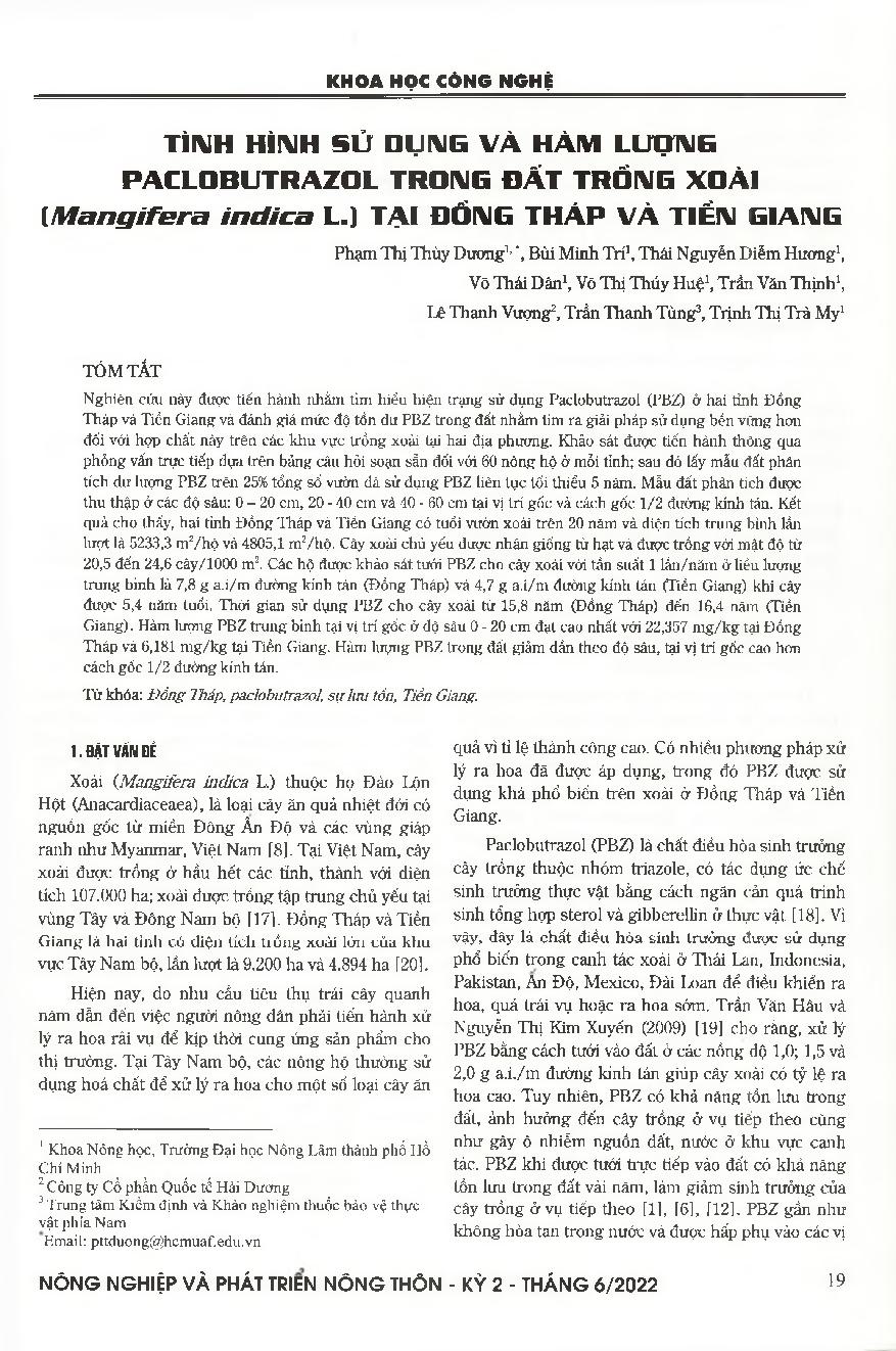 Tình hình sử dụng hàm lượng Paclobutrazol trong đất trồng xoài (Mangifera indica L.) tại Đồng Tháp và Tiền Giang = Current status of paclobutrazol application and soil residue in mango (Mangifera indica L.) orchards in Dong Thap and Tien Giang province