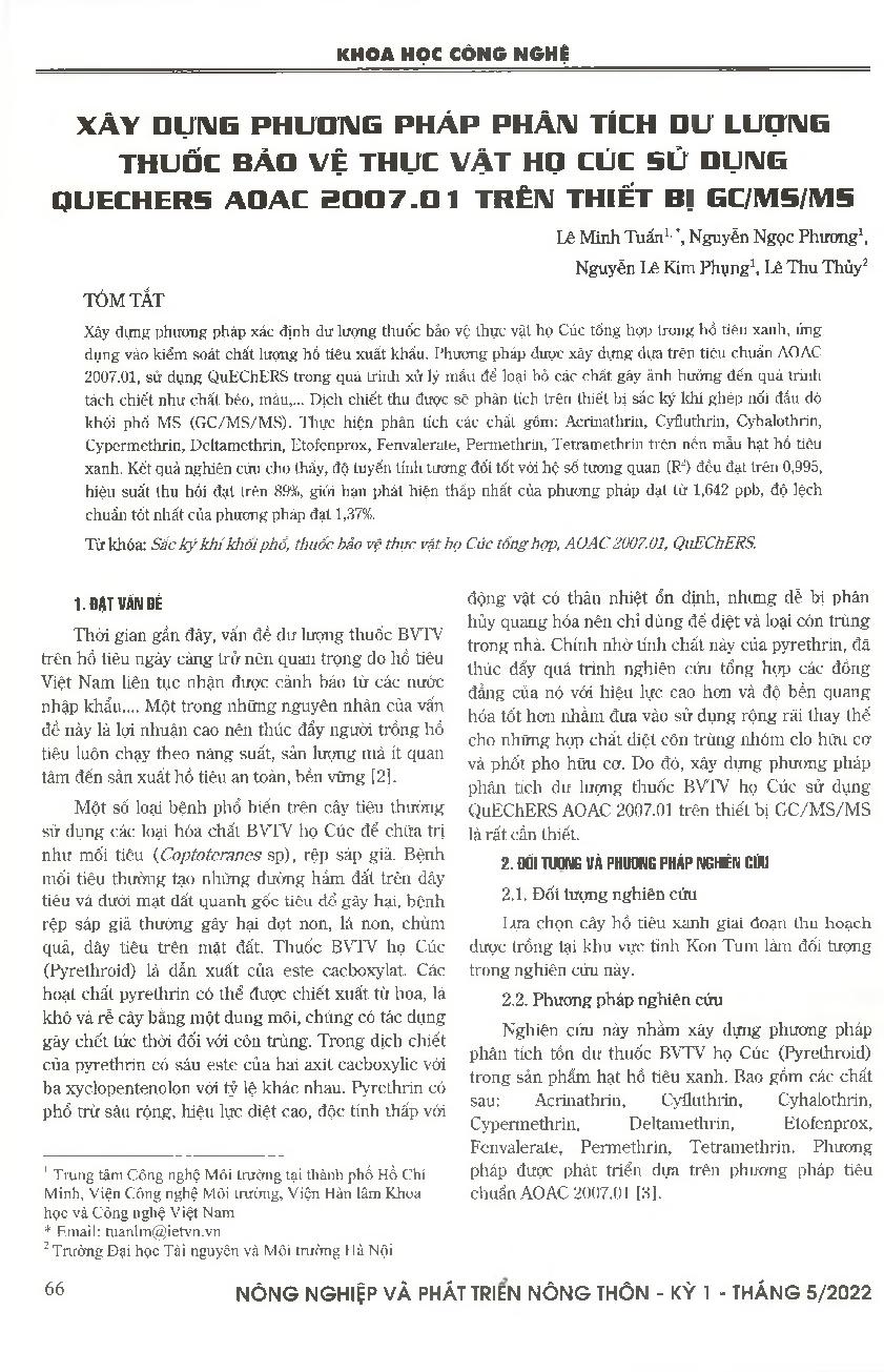 Xây dựng phương pháp phân tích dư lượng thuốc bảo vệ thực vật họ Cúc sử dụng QuEChERS AOAC 2007.01 trên thiết bị GC/MS/MS = Developing a method of analyzing pesticides residues using QuEChERS AOAC 2007.01 on GC/MS/MS equipment