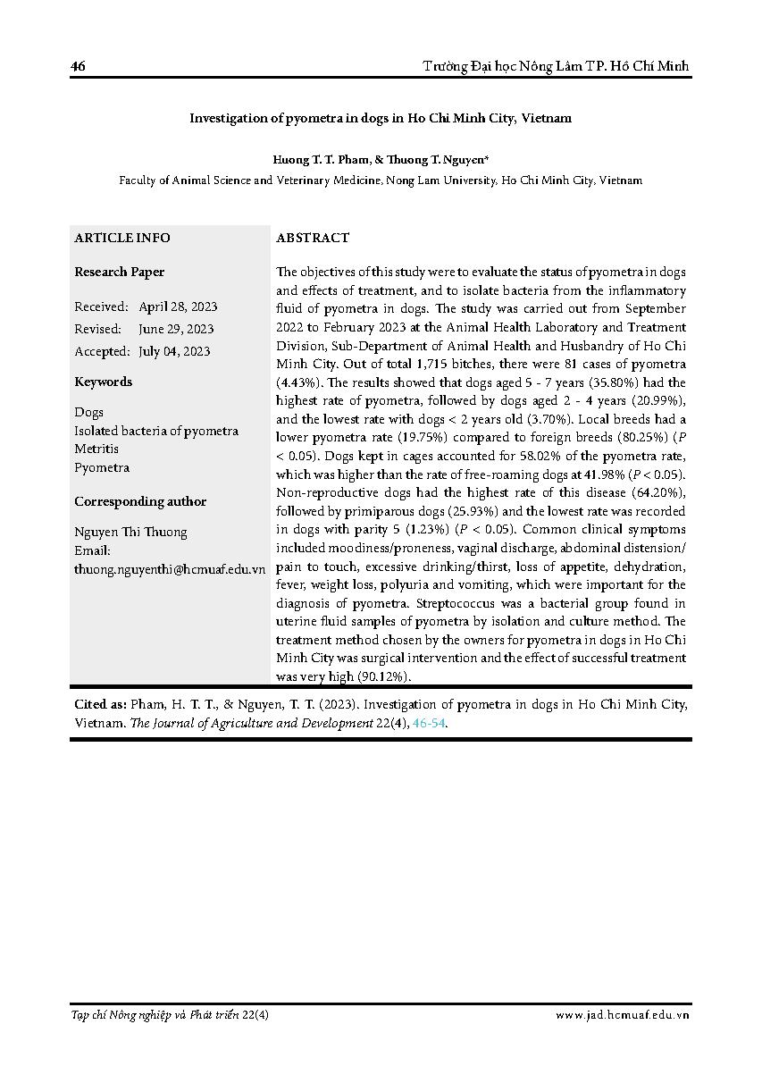 Khảo sát bệnh viêm tử cung tích mủ trên chó tại TP. Hồ Chí Minh = Investigation of pyometra in dogs in Ho Chi Minh City, Vietnam