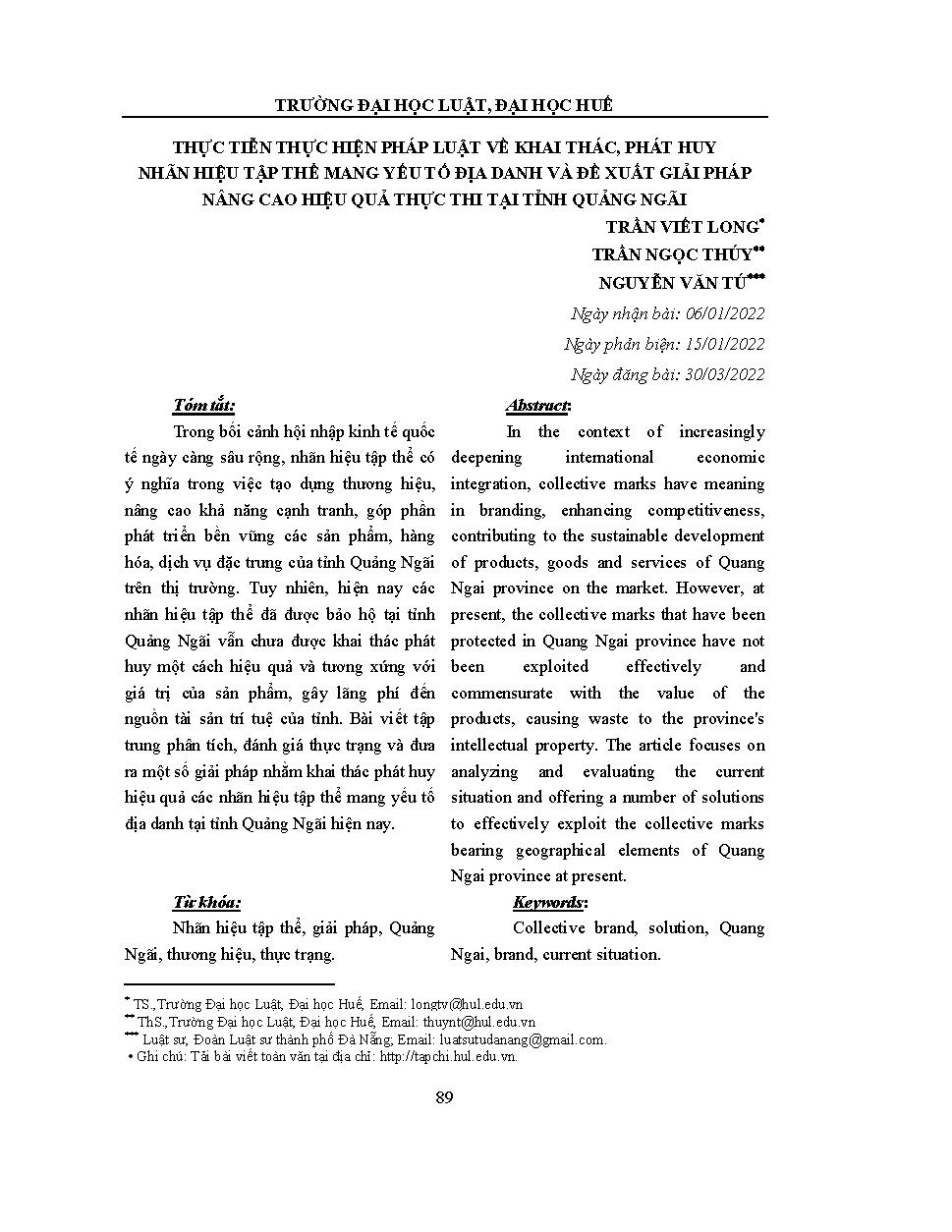 Thực tiễn thực hiện pháp luật về khai thác, phát huy nhãn hiệu tập thể mang yếu tố địa danh và đề xuất giải pháp nâng cao hiệu quả thực thi tại tỉnh Quảng Ngãi