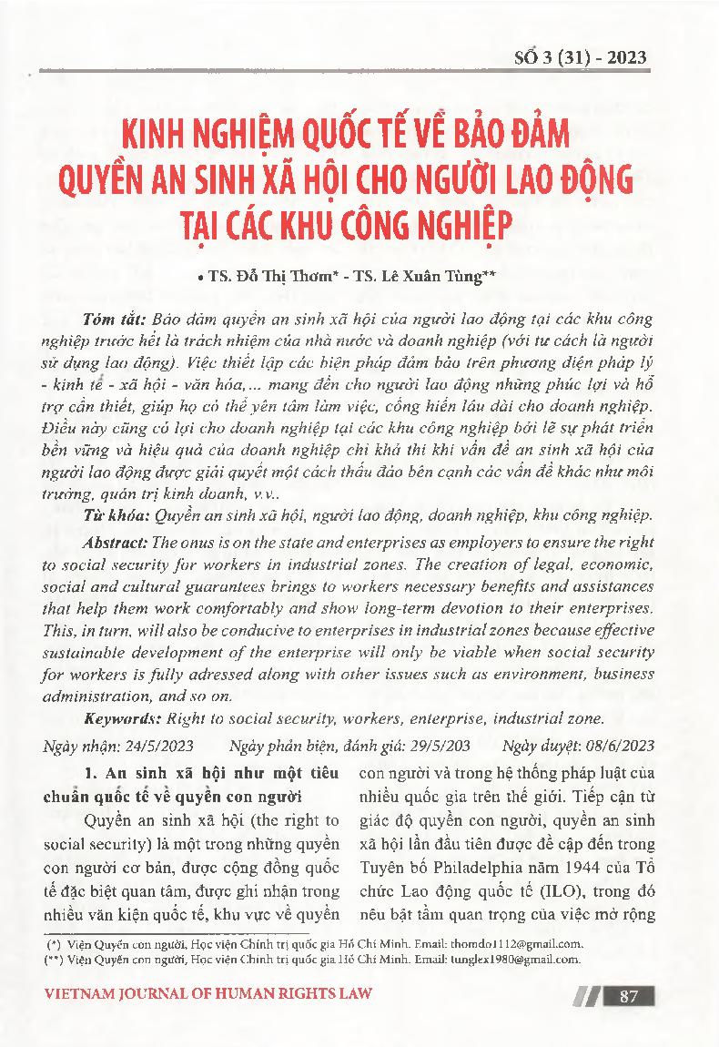 Kinh nghiệm quốc tế vê' bảo đảm quyển an sinh xã hội cho người lao động tại các khu công nghiệp = International experience in ensuring social security rights for workers in industrial zones