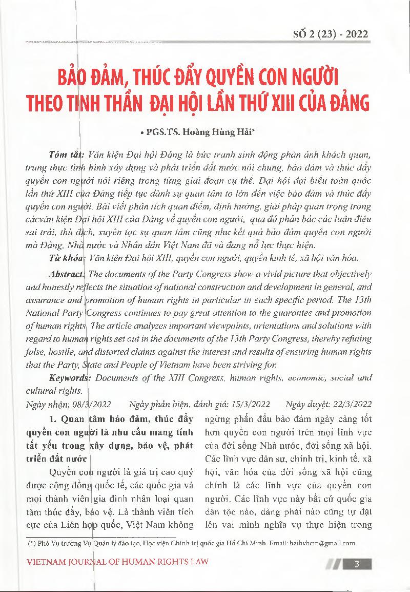 Bảo đảm, thúc đẩy quyền con người theo tinh thần Đại hội lẩn thứ XIII của Đảng = Ensuring and promoting human rights in the spirit of the 13th National Party Congress