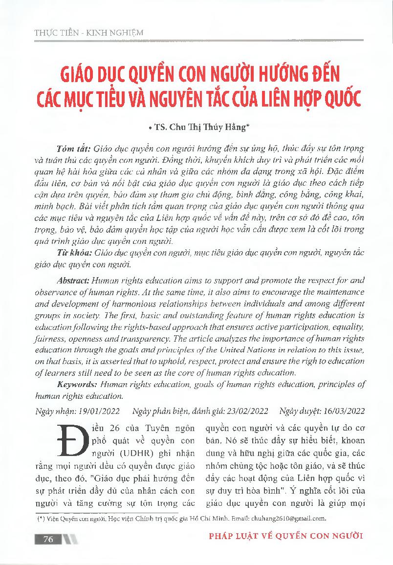 Giáo dục quyền con người hướng đến các mục tiêu và nguyên tắc của Liên hợp quốc = Human rights education towards the goals and principles of the United Nations
