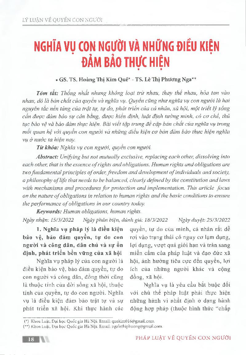 Nghĩa vụ con người và những điểu kiện đảm bảo thực hiện = Human obligations and conditions to ensure performance