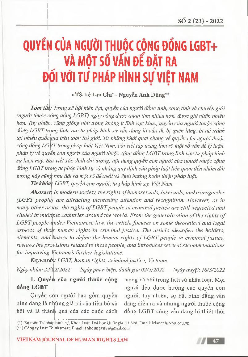 Quyển của người thuộc cộng đổng LGBT+ và một số vấn đế đặt ra đối với tư pháp hình sự Việt Nam = Rights of people of the LGBT + community and some issues for improving Vietnam's criminal justice