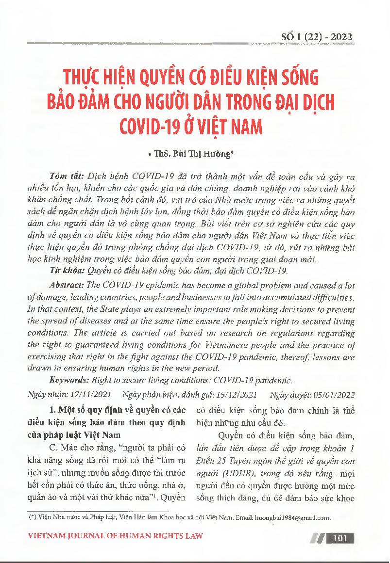 Thực hiện quyển có điều kiện sống bảo đảm cho người dân trong đại dịch COVID-19 ở Việt Nam = Exercising the right to secured living conditions for people during the COVID-19 pandemic in Vietnam