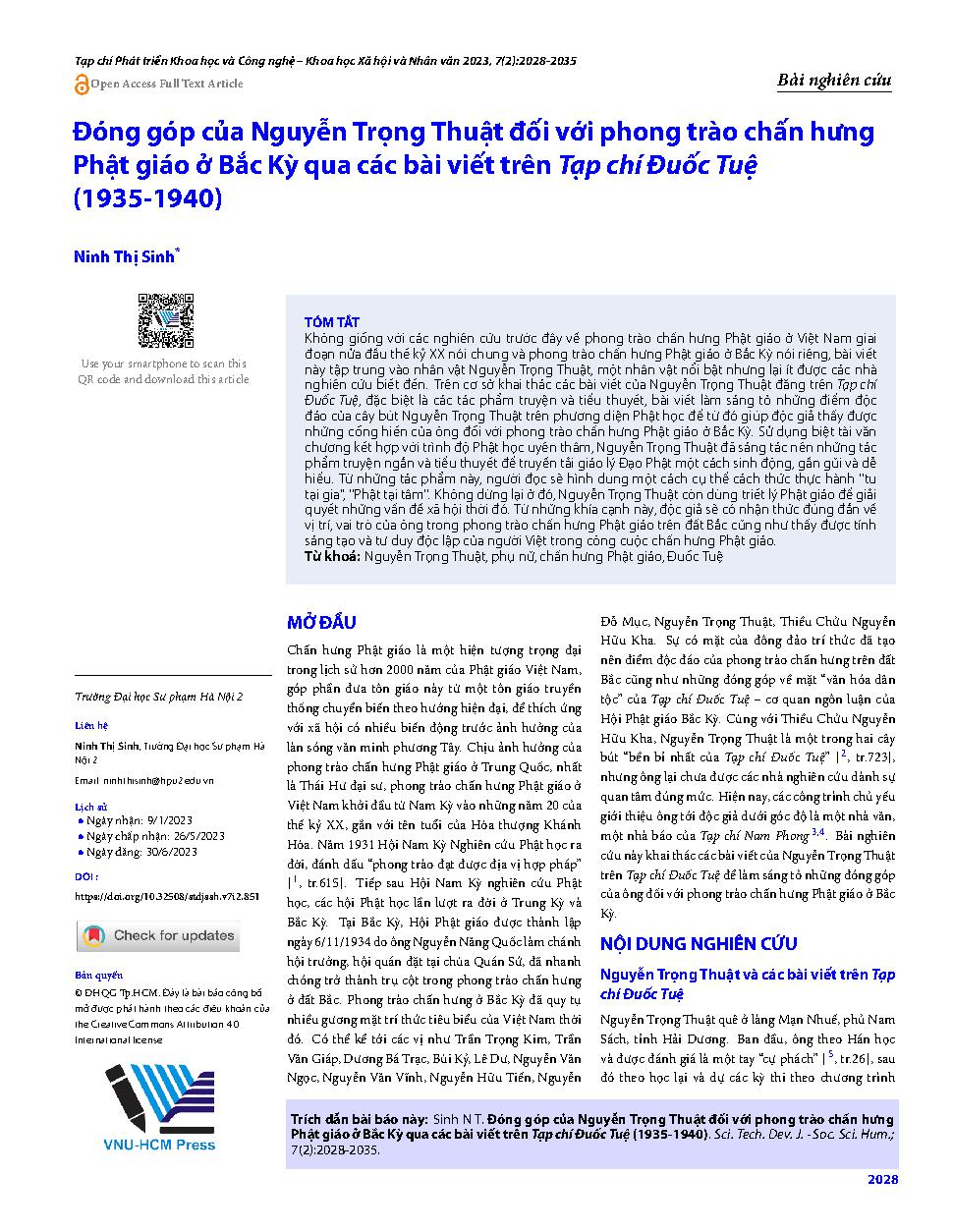 Đóng góp của Nguyễn Trọng Thuật đối với phong trào chấn hưng Phật giáo ở Bắc Kỳ qua các bài viết trên Tạp chí Đuốc Tuệ (1935-1940) = Nguyen Trong Thuat's contributions to the Buddhist revival movement in Tonkin through articles in the Duoc Tue periodical 