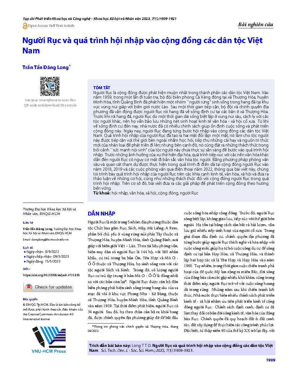 Người Rục và quá trình hội nhập vào cộng đồng các dân tộc Việt Nam = The Ruc people and the process of integration into the ethnic communities in Vietnam